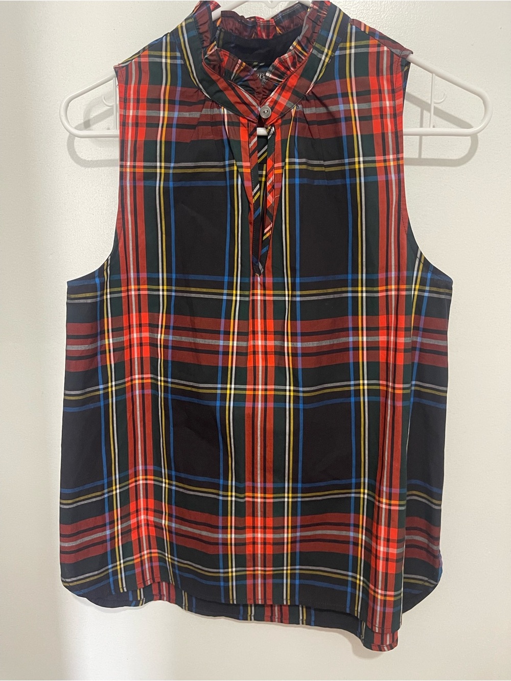 J. Crew Red and Black Plaid Sleeveless Ruffled Tie-Neck Camisole